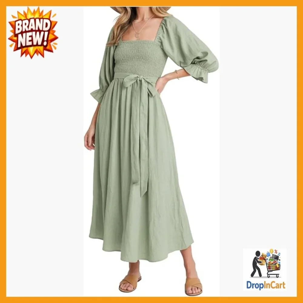 Puff Sleeve Maxi Dress Reversible V Neck Square Neck Boho Smocked Waist Casual